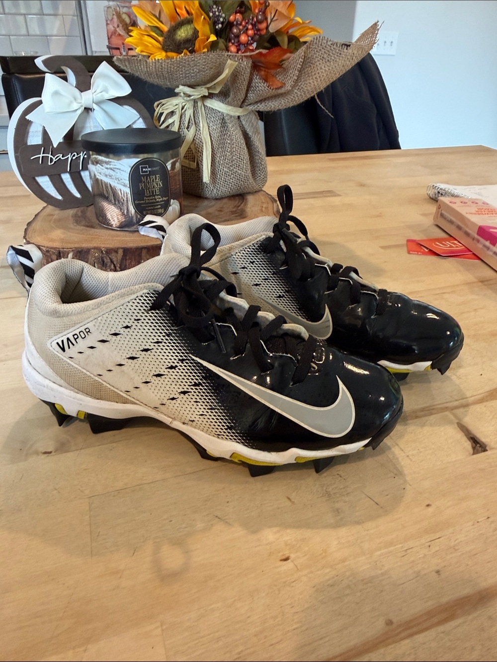 Nike Kids Black and White Vapor Baseball Cleats with Yellow Accents